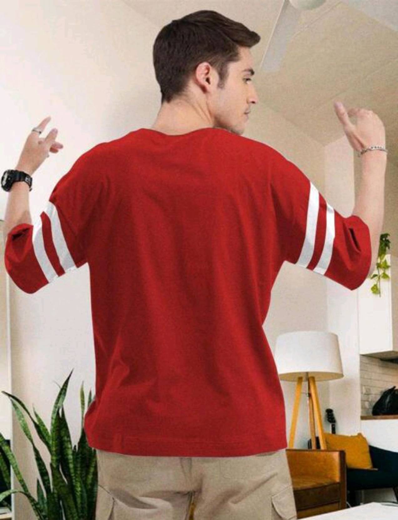 Men Striped Round Neck Polycotton Red T-Shirt - Image 2